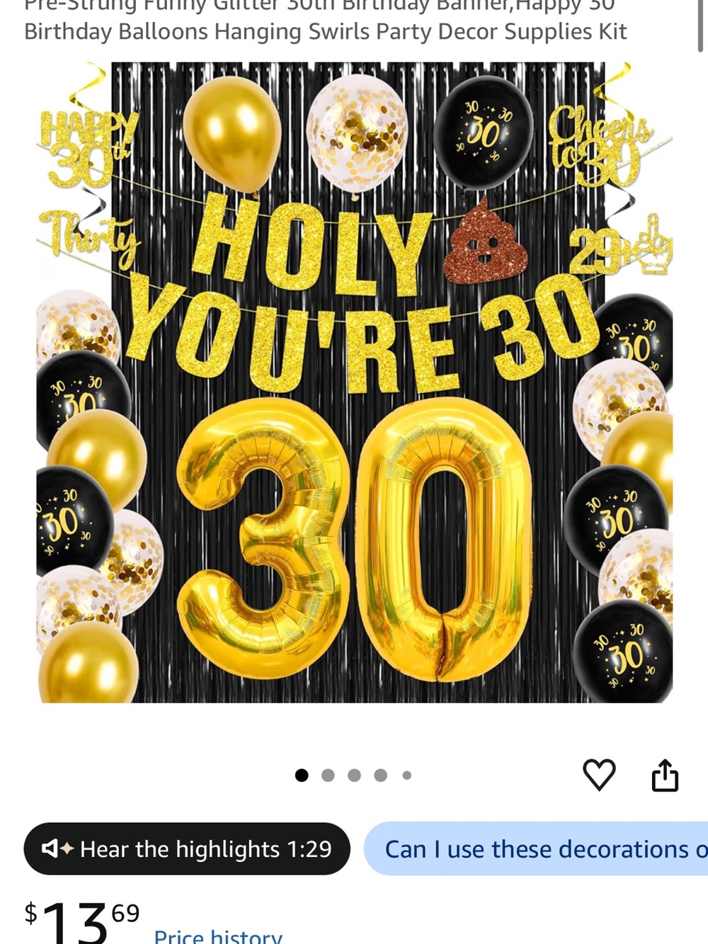 Amazon Gold, Black & Confetti "HOLY YOU'RE 30" Party Decoration Set